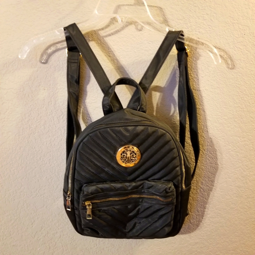 Black Mini Faux Leather Backpack Purse Adjustable Straps Quiltedโ Front